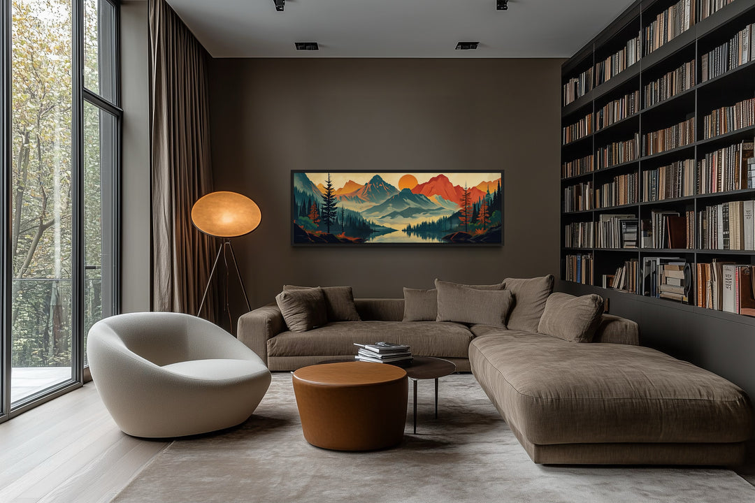 Horizontal mid-century modern canvas wall art of a mountain, forest, and lake landscape.