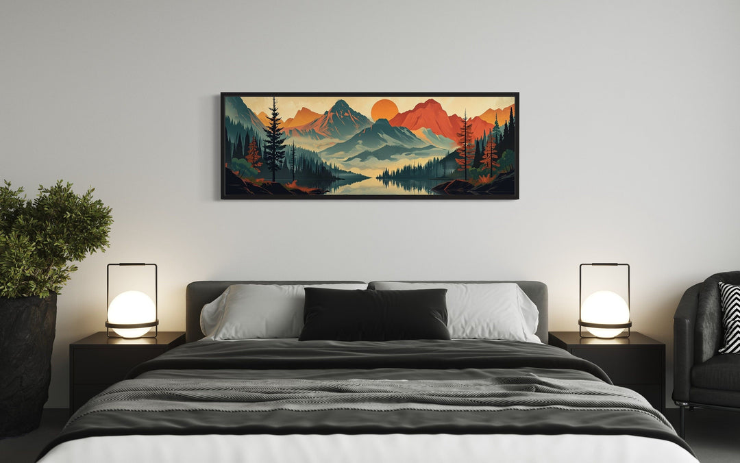 Horizontal mid-century modern canvas wall art of a mountain landscape above a bed.
