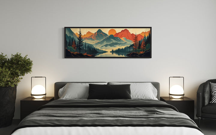 Horizontal mid-century modern canvas wall art of a mountain landscape above a bed.