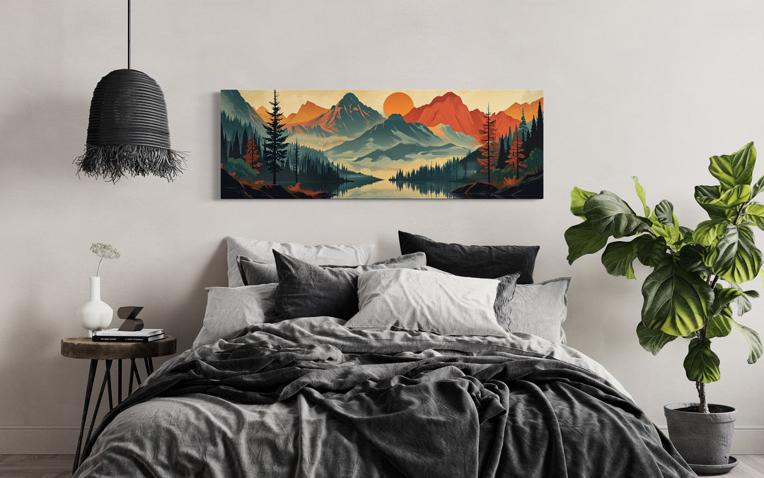 Horizontal canvas art of mountains, forest, and lake in mid-century modern style.