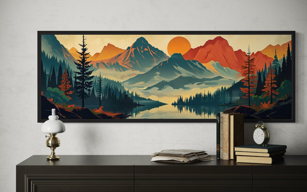 Mid-century modern horizontal canvas wall art featuring a mountain, forest, and lake landscape.