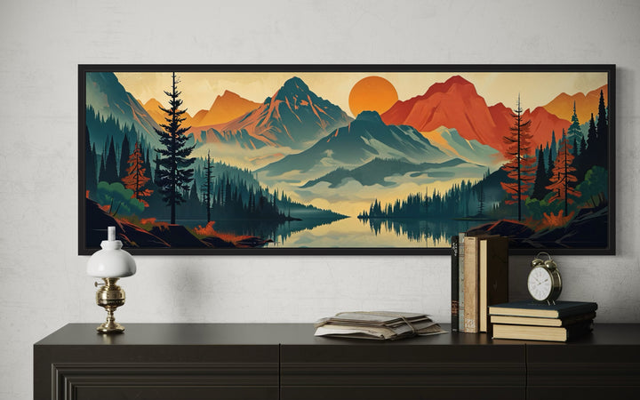 Mid-century modern horizontal canvas wall art featuring a mountain, forest, and lake landscape.