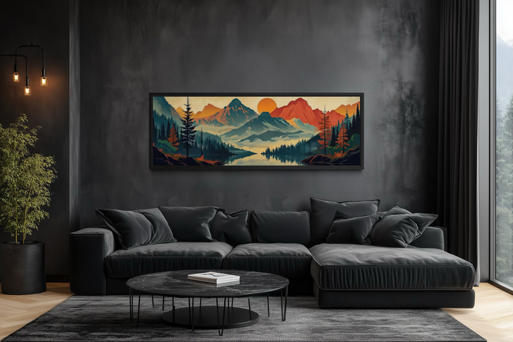 Horizontal mid-century modern canvas wall art of a mountain landscape above a black sectional sofa.