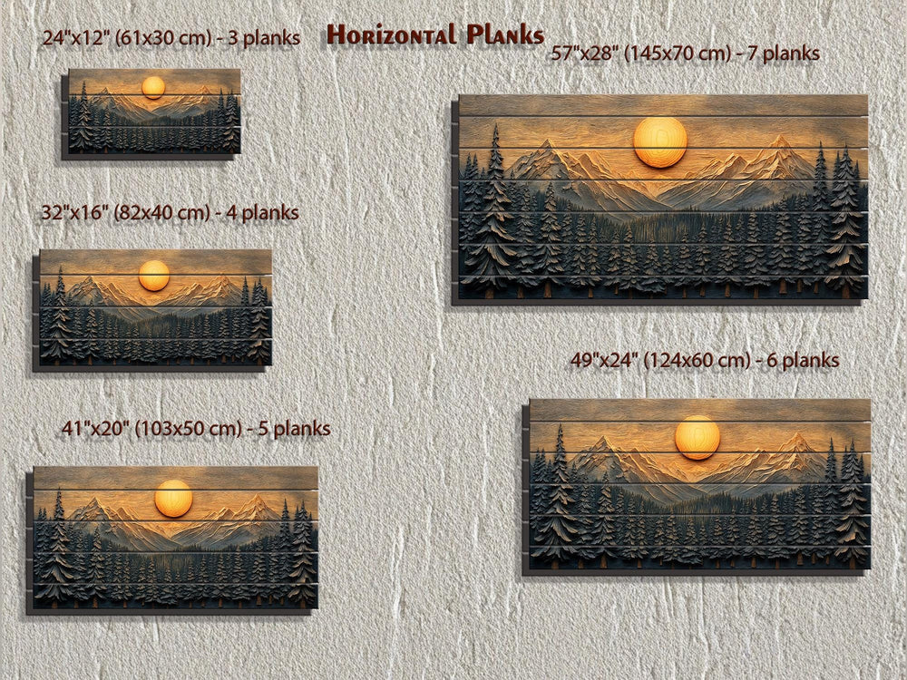 Five sizes of rustic wood wall art featuring a mountain sunset and forest scene on horizontal planks.
