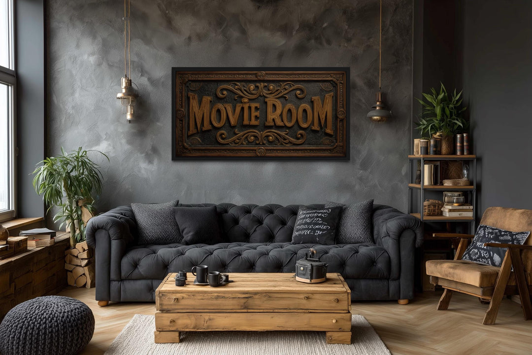 Movie Room Vintage Sign Framed Canvas Wall Art