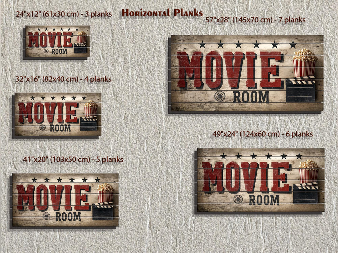 A collection of rustic wood movie room signs in five different sizes, featuring a distressed design.