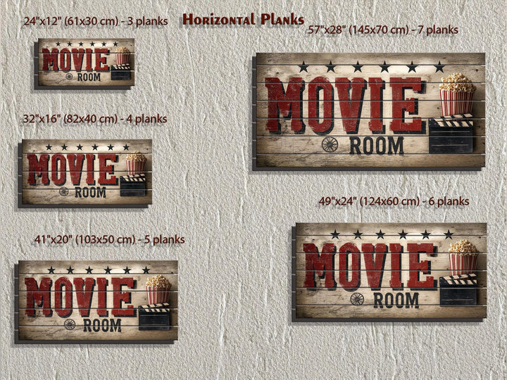 A collection of rustic wood movie room signs in five different sizes, featuring a distressed design.