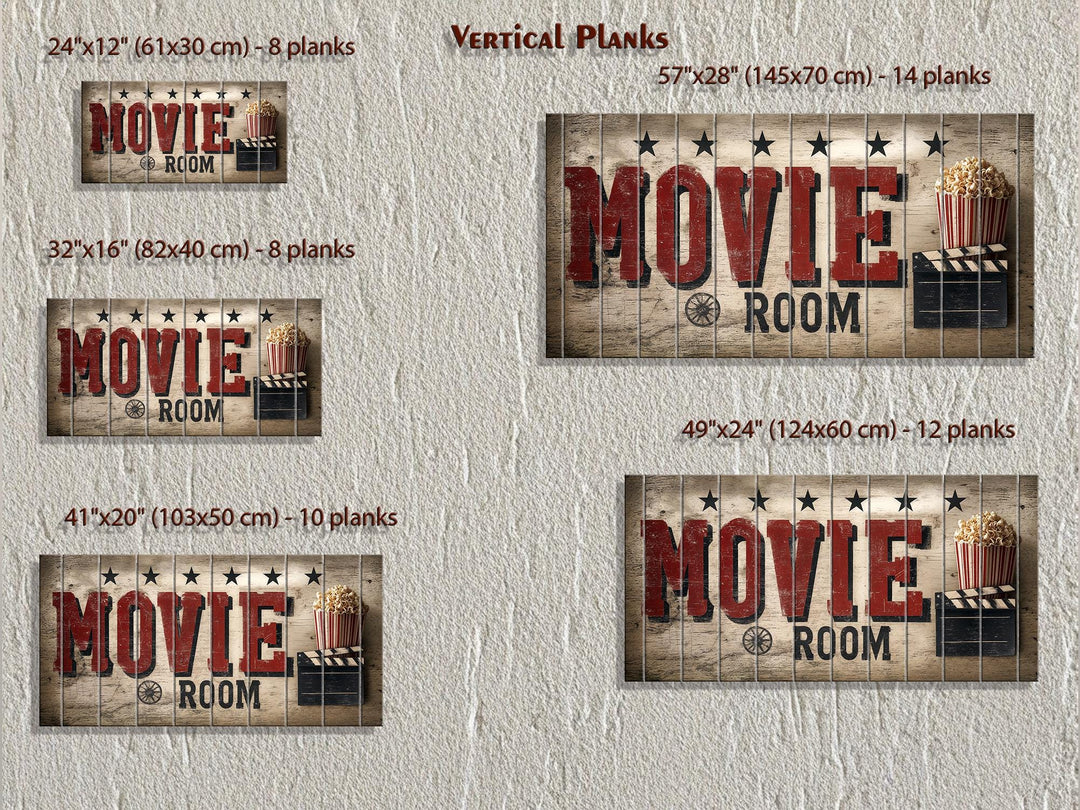 Rustic wood movie room wall art signs in five sizes with vertical planks and distressed red lettering.