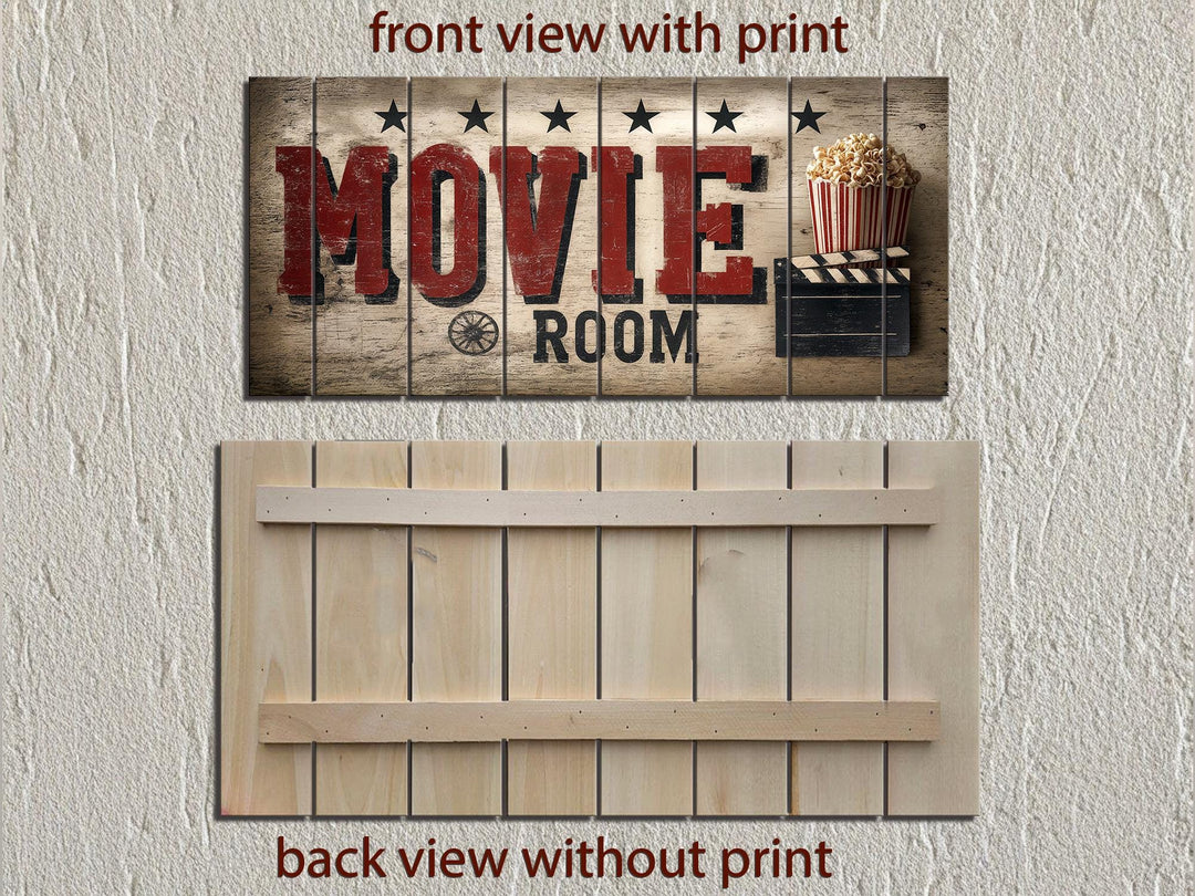 Rustic wood movie room wall art with a distressed print and a back view of the wood planks.