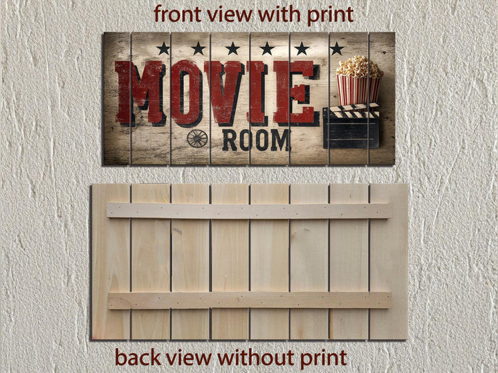 Rustic wood movie room wall art with a distressed print and a back view of the wood planks.