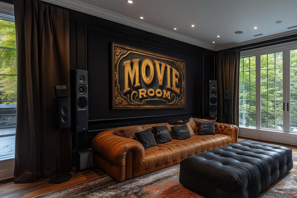 Vintage cinema sign canvas print with gold Movie Room lettering on a black background.