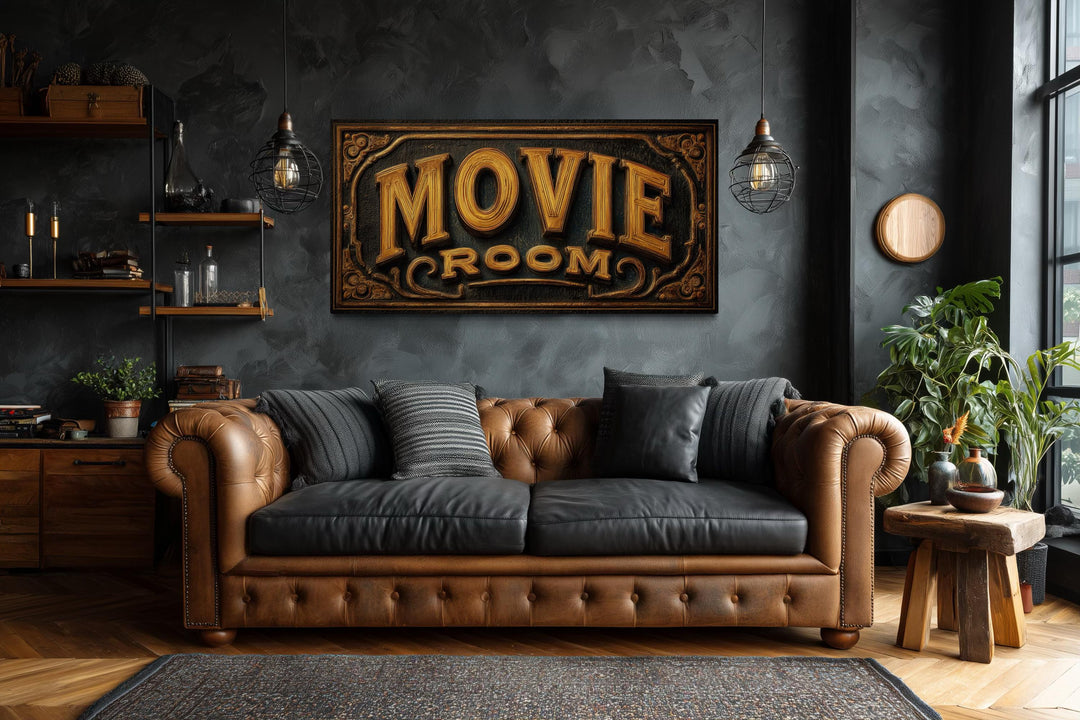 Vintage cinema sign canvas print with gold Movie Room lettering on a dark textured background.
