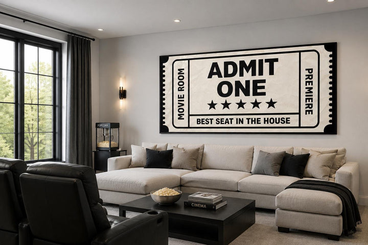 Large horizontal canvas print of a vintage movie ticket on a wall above a sectional sofa.