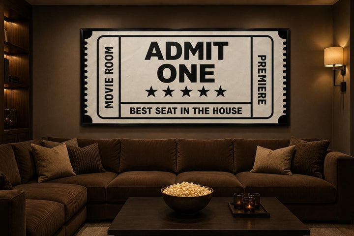 Vintage-style black and beige movie ticket canvas wall art hanging above a brown sectional sofa.
