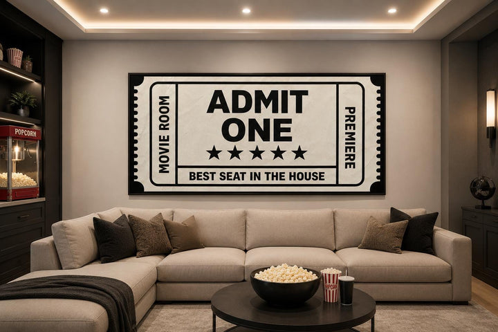Large black and beige canvas print of a vintage movie ticket above a sofa in a home theater room.