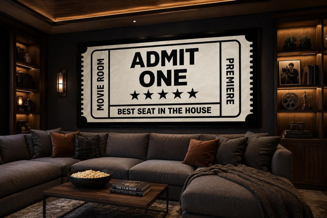 Vintage-style movie ticket canvas wall art with 'Admit One' text in a dark home theater room.