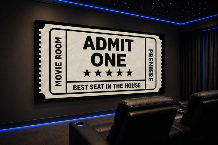 Vintage movie ticket canvas wall art in a home theater with black and beige "Admit One" design.