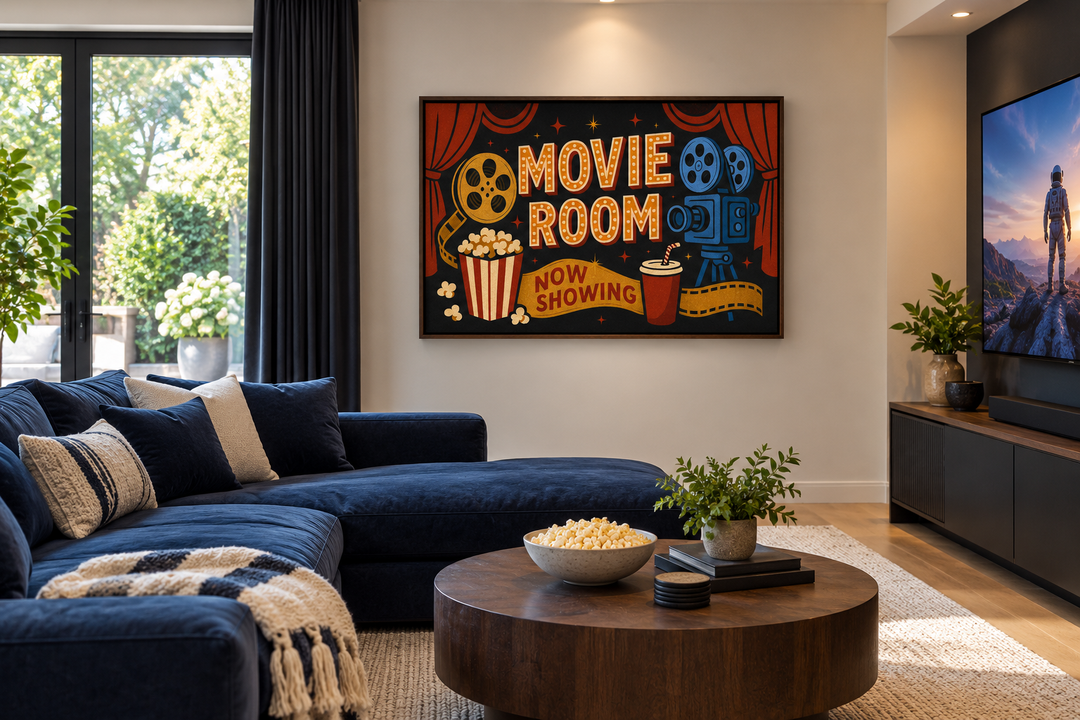 Retro Movie Room canvas wall art with popcorn and camera icons in a modern home theater lounge.