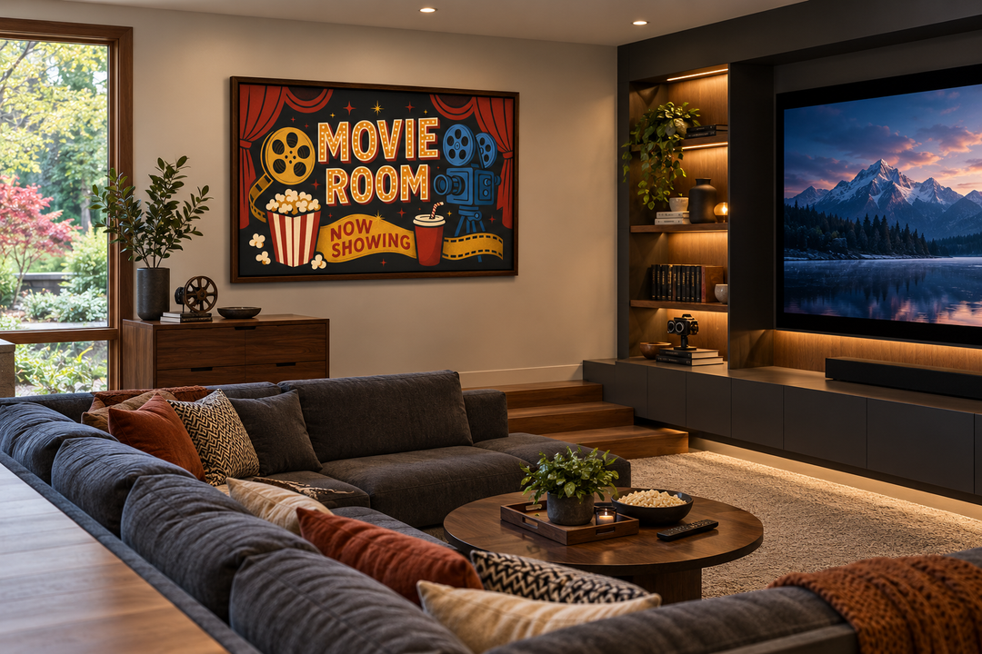 Retro Movie Room canvas wall art with popcorn and camera icons in a modern home theater lounge.