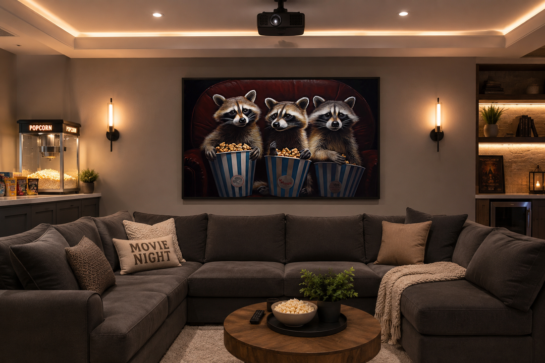 Framed canvas wall art of three raccoons eating popcorn in a home theater setting.