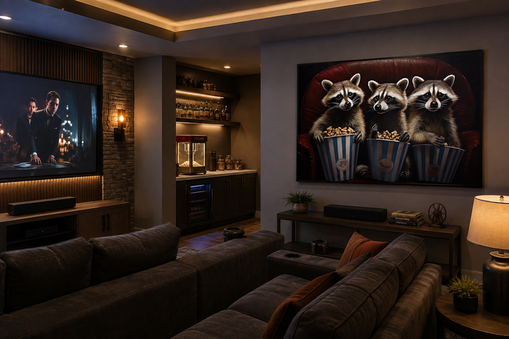 Framed canvas wall art of three raccoons eating popcorn in a home theater setting.