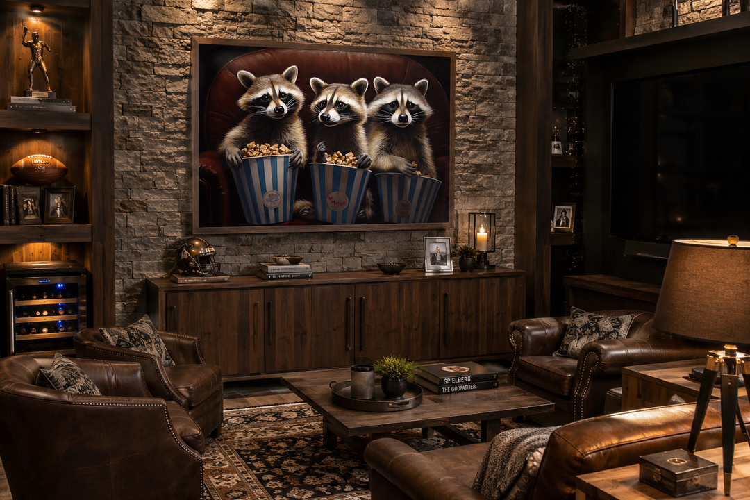 Framed canvas wall art of three raccoons eating popcorn in a movie theater, hung in a cozy den.