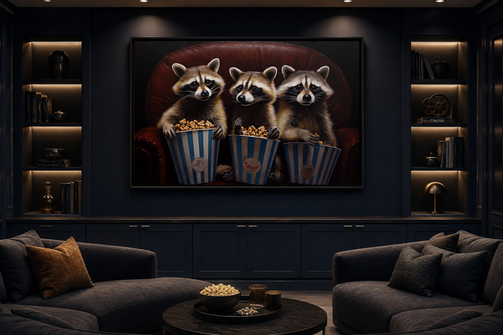 Framed canvas wall art of three raccoons eating popcorn in a home theater setting.