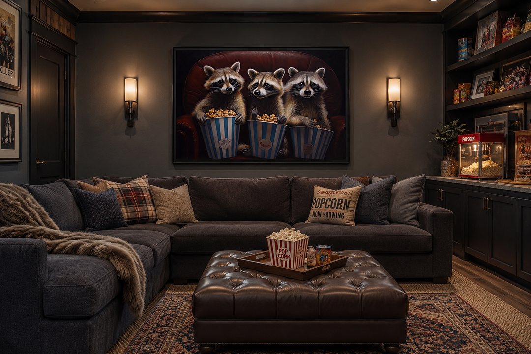 Framed canvas art of three raccoons eating popcorn in a home theater setting above a sectional sofa.