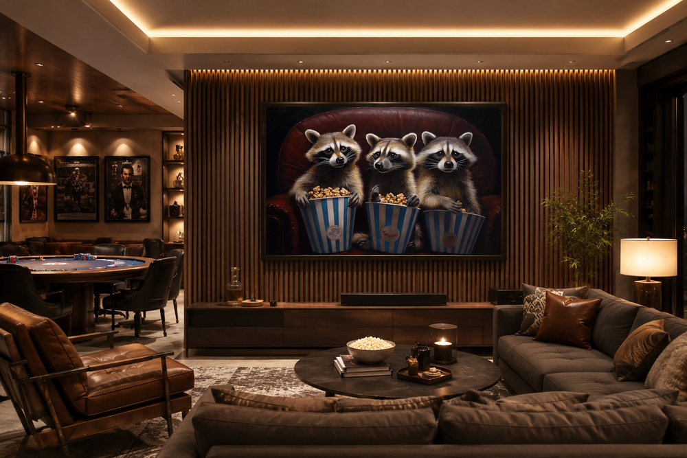 Framed canvas wall art of three raccoons eating popcorn in a theater, hung in a modern living room.