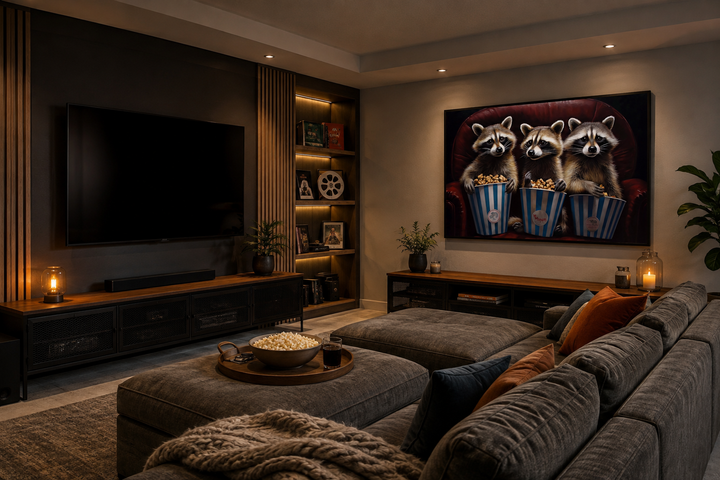 Framed canvas wall art of three raccoons eating popcorn in a movie theater, hung in a home theater.