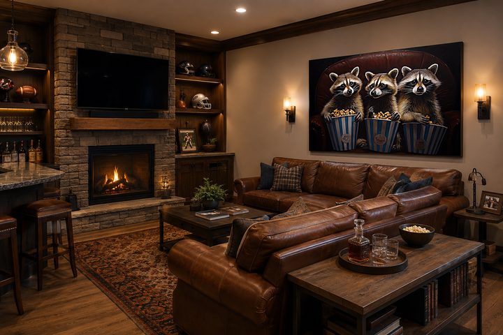 Raccoons in movie theater eating popcorn framed canvas wall art in a cozy home theater room.