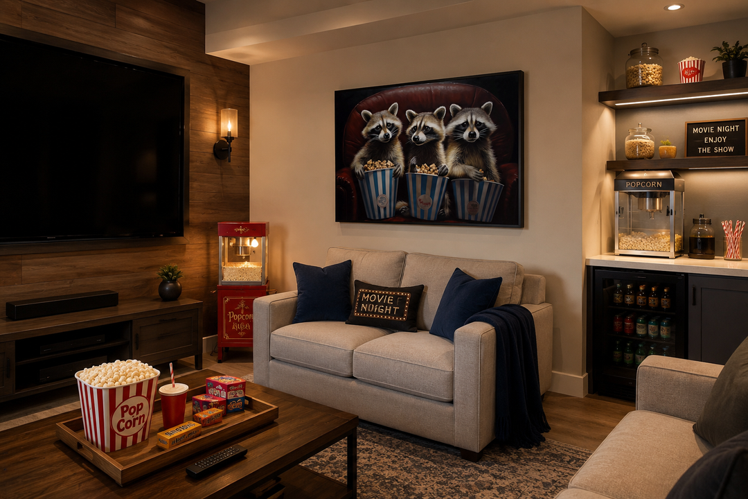 Framed canvas wall art of three raccoons eating popcorn in a home theater setting.