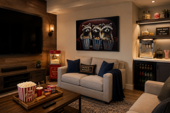 Framed canvas wall art of three raccoons eating popcorn in a home theater setting.