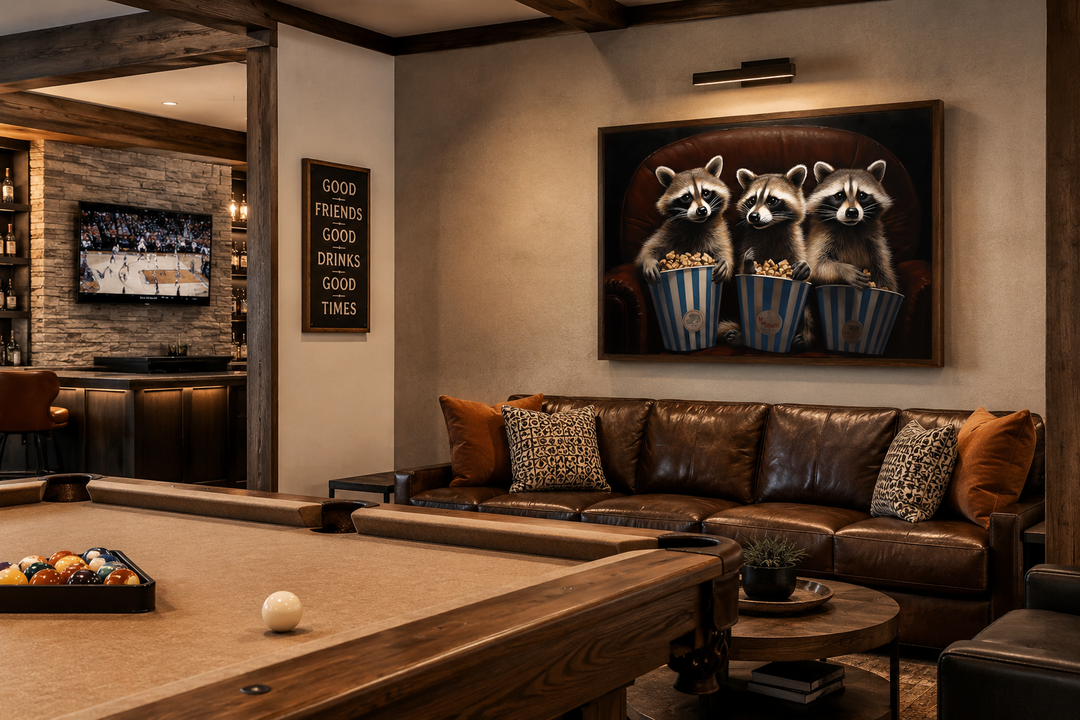 Framed canvas wall art of three raccoons eating popcorn in a theater, hung in a cozy game room.