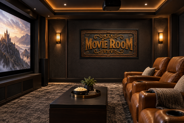 Movie Room Vintage Sign Framed Canvas Wall Art in a dark home theater with leather seating.