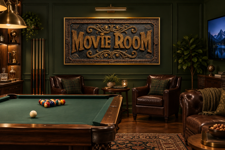Movie Room vintage sign framed canvas wall art in a dark green lounge with a pool table.