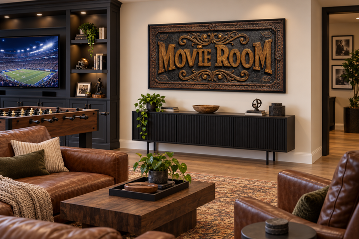 Movie Room vintage sign framed canvas wall art with ornate gold lettering on a dark background.
