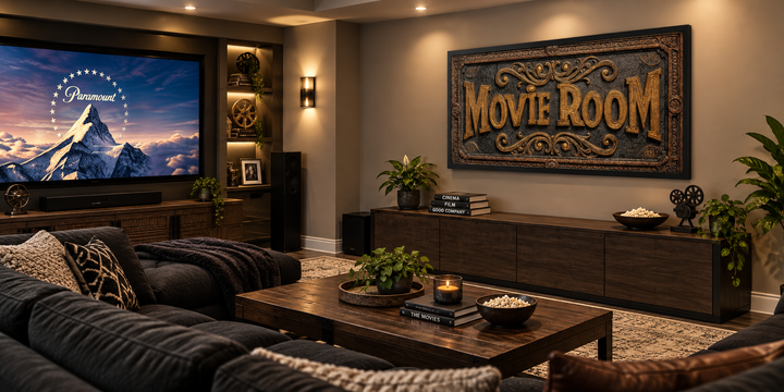 Movie Room vintage sign framed canvas wall art in a home theater with dark wood and warm lighting.