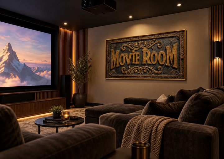 Movie Room vintage sign framed canvas wall art with ornate gold lettering in a home theater.