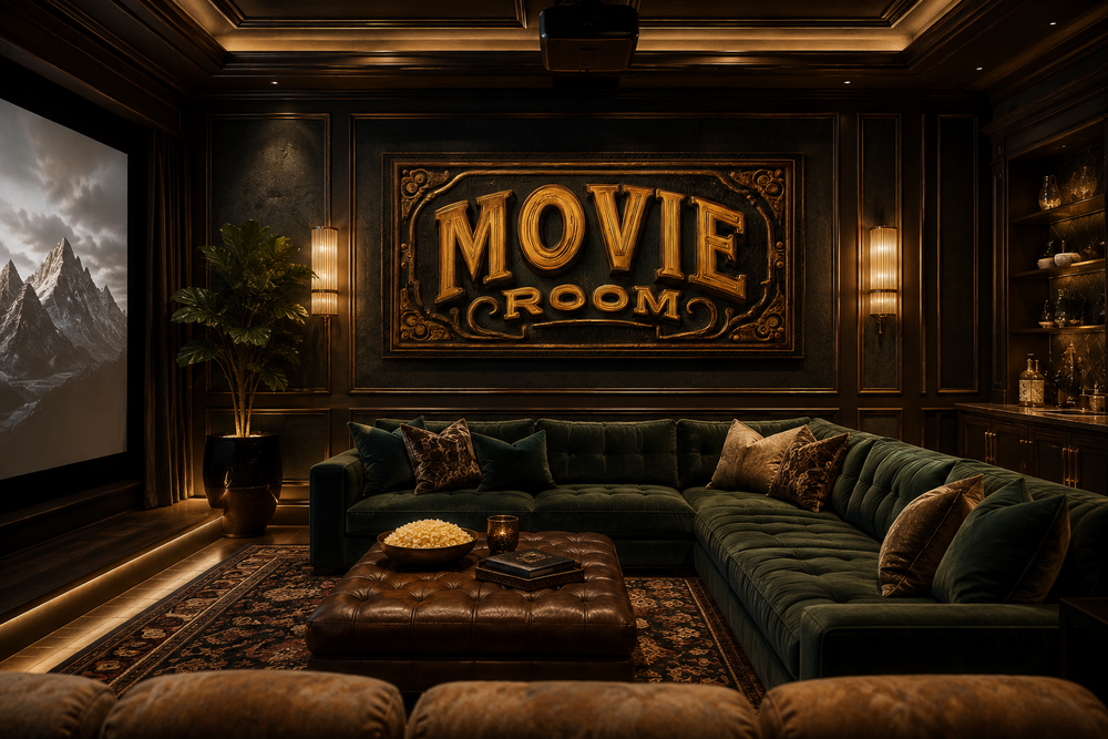 Vintage-style Movie Room canvas wall art with gold lettering on a black background in a home theater