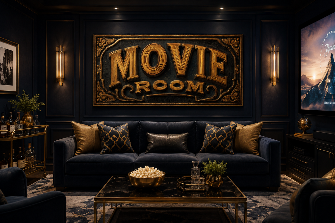 Vintage cinema sign canvas print reading MOVIE ROOM in gold on a black background.
