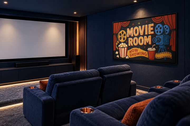 Retro Movie Room canvas wall art with popcorn, camera, and drink icons in a home theater setting.