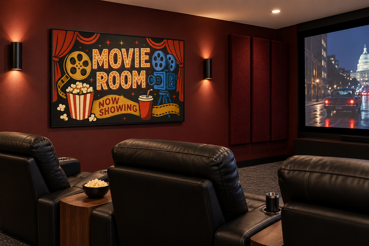 Retro Movie Room canvas wall art with popcorn, camera, and drink in a home theater setting.