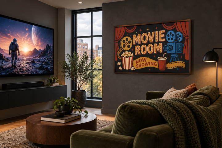 Retro Movie Room canvas wall art with popcorn, camera, and drink in a modern home theater setting.