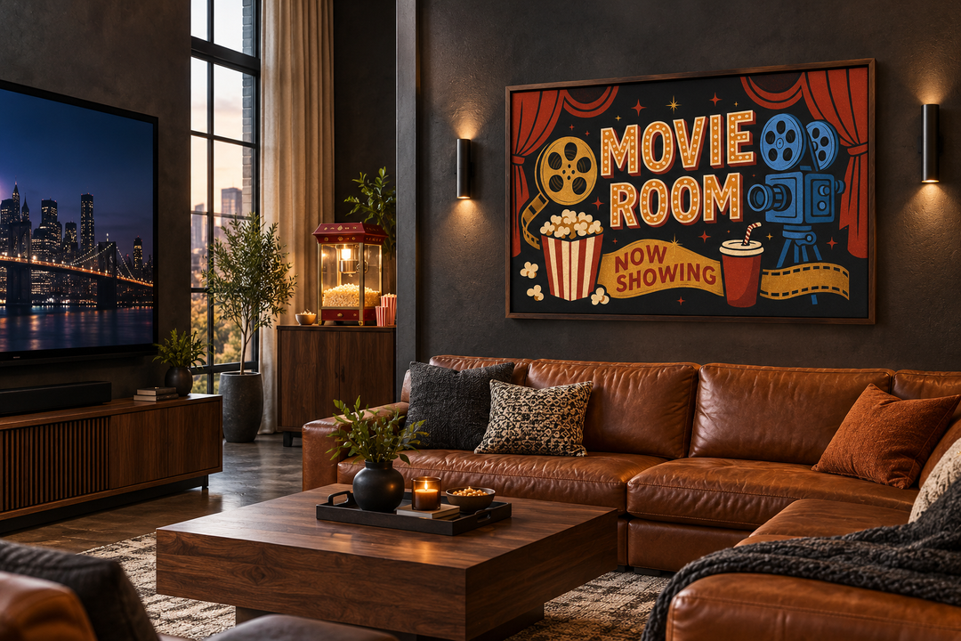 Retro Movie Room canvas wall art with popcorn, camera, and drink icons in a dark home theater.