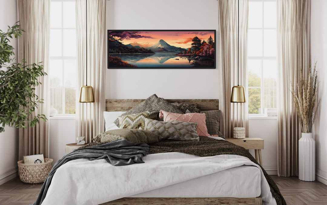 Mt. Fuji And Lake Kawaguchiko Japanese Landscape Horizontal Framed Canvas Wall Art