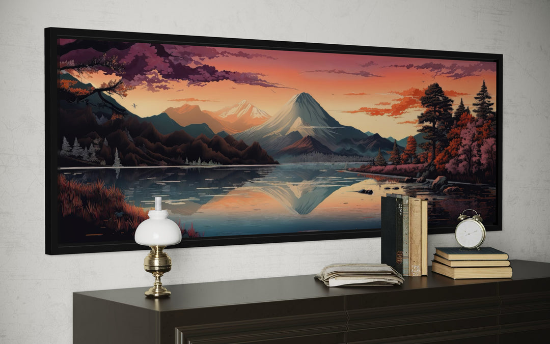 Mt. Fuji and Lake Kawaguchiko horizontal framed canvas wall art above a dark wood sideboard.