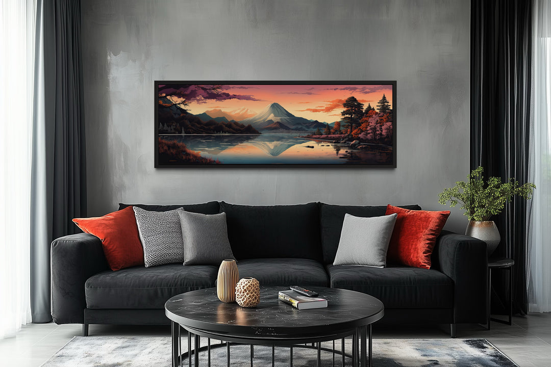 Mt. Fuji And Lake Kawaguchiko Japanese Landscape Horizontal Framed Canvas Wall Art
