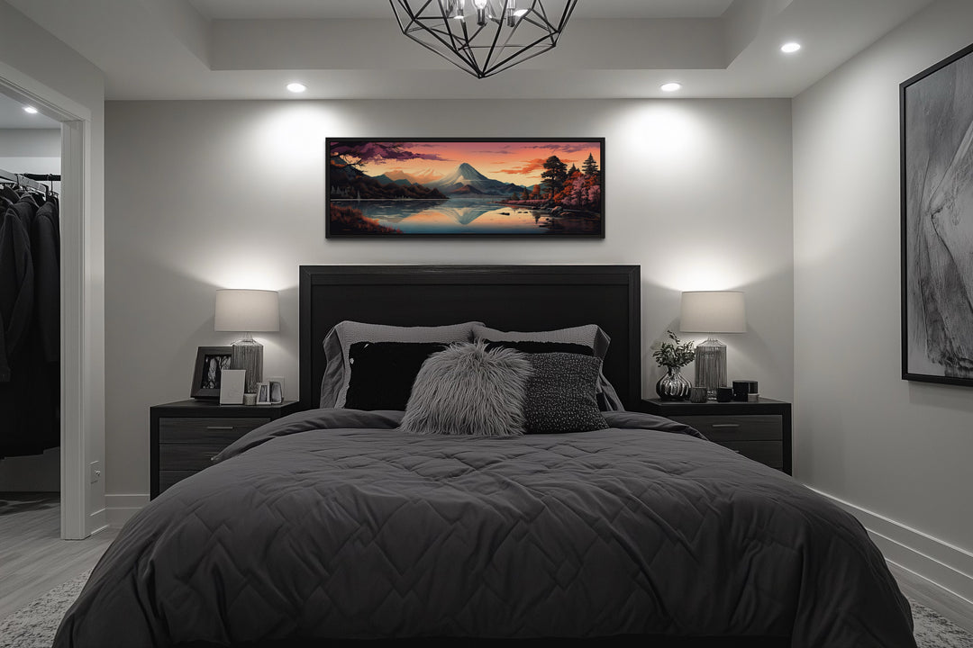 Mt. Fuji And Lake Kawaguchiko Japanese Landscape Horizontal Framed Canvas Wall Art
