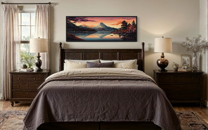 Mt. Fuji And Lake Kawaguchiko Japanese Landscape Horizontal Framed Canvas Wall Art